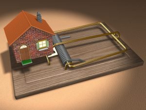 House in a mouse trap, symbolizing rental scams.