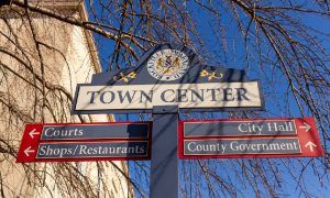 A sign in the town center directs people to some Rockville restaurants to try.