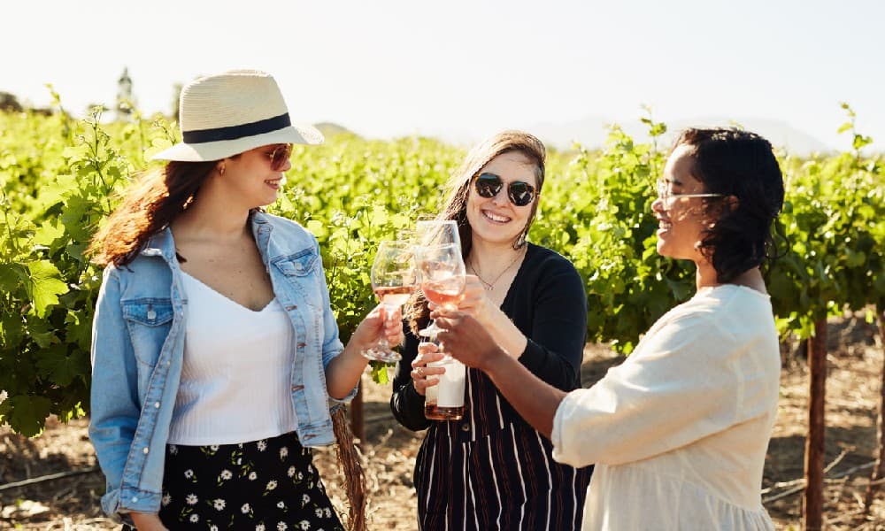 Three girls enjoying a wine tasting on a sunny day at one of the best wineries in Northern Virginia.