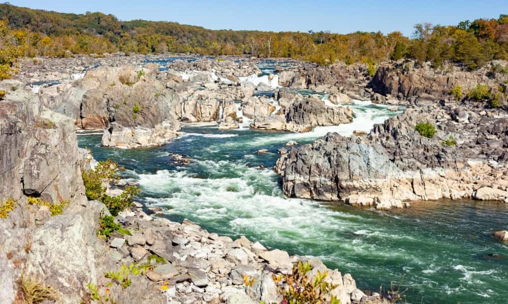 the rocks and river in Great Falls National Park, one of the best things to do in Northern Virginia