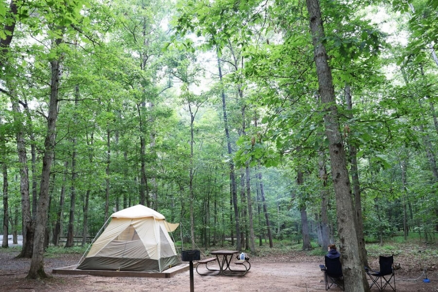 Person on campground with tent at Bull Run Regional Park 