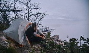 a woman and her dog in a tent in Shenandoah National Park, one of the best places for camping Northern Virginia