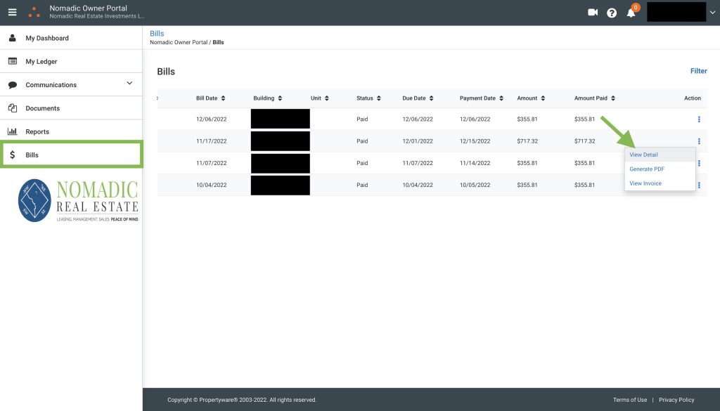 Owner Portal Bills View