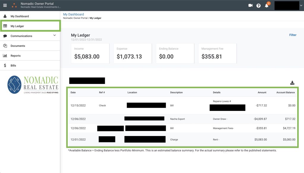 Owner Portal Ledger View