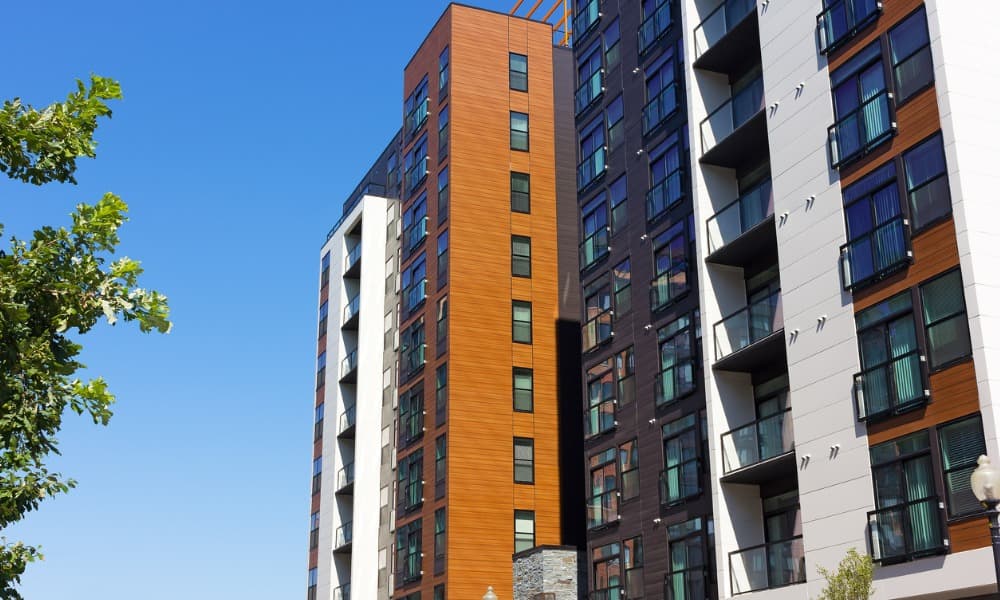 Modern apartment complexes in Washington, D.C., on a sunny day