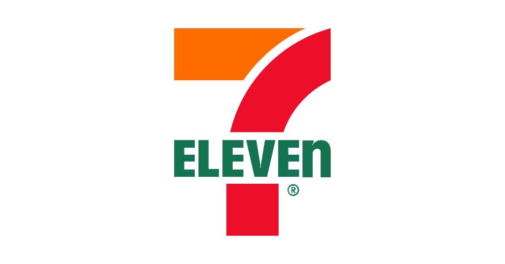 The official 7-Eleven logo featuring a bold red and orange number "7" with the word "Eleven" in green capital letters across the center, set against a white background.