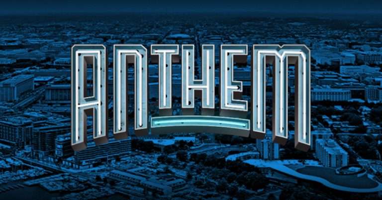 Logo for The Anthem, a music and entertainment venue, featuring a neon-style design with bold metallic letters and a glowing blue underline, set against a blue-tinted aerial view of Washington, D.C.