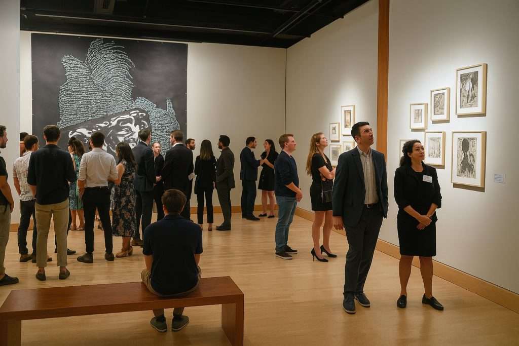 Art gallery opening with visitors viewing contemporary artwork including large text-based piece and framed drawings on white walls
