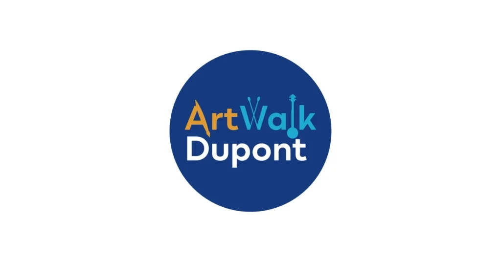 Circular logo for ArtWalk Dupont with stylized text incorporating artistic icons, including a paintbrush, drumsticks, and a guitar neck, on a navy blue background.
