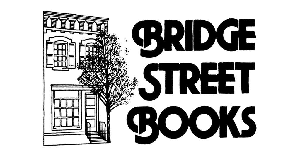 Black and white line drawing of a historic storefront with a tree in front, paired with bold, uppercase text reading “Bridge Street Books.” The image evokes a quaint, independent bookstore charm with its detailed architectural illustration and stylized lettering.