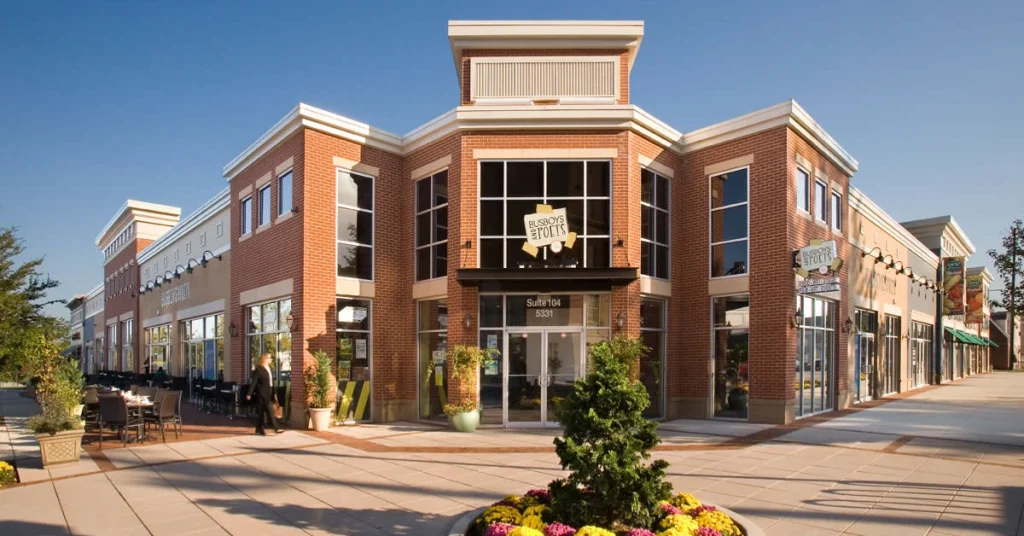 Exterior view of Busboys and Poets, a community café and bookstore in Hyattsville, MD.