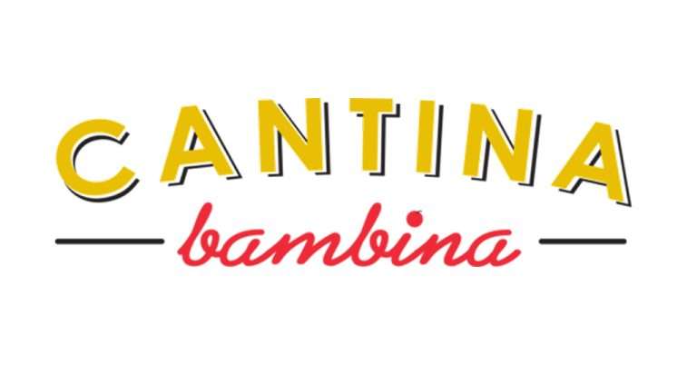 Logo for Cantina Bambina, featuring bold yellow uppercase text for "Cantina" with a black shadow effect, and red cursive script for "bambina," flanked by horizontal black lines on each side, set against a white background.