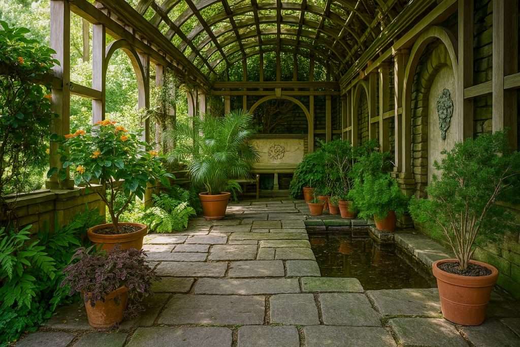 A serene garden pergola with a wooden arched roof and stone flooring, adorned with potted plants including palms, shrubs, and flowering greenery, alongside a small reflective pond on the right, creating a peaceful outdoor retreat