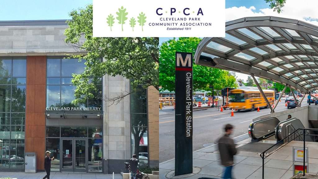 Cleveland Park Community Association logo displayed above images of the Cleveland Park Library and Cleveland Park Metro Station in Washington, D.C., representing key landmarks in the community.