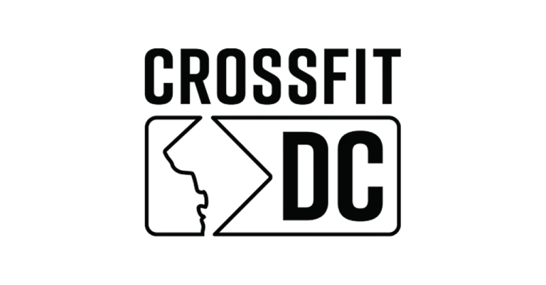 CrossFit DC logo featuring bold black text “CROSSFIT” above a rectangular outline containing a stylized map of Washington, D.C., with a right-pointing arrow and bold letters “DC.”