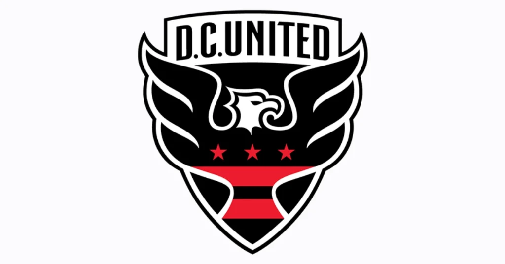 Official black and red crest logo of D.C. United MLS team featuring an eagle, three red stars, and red stripes.