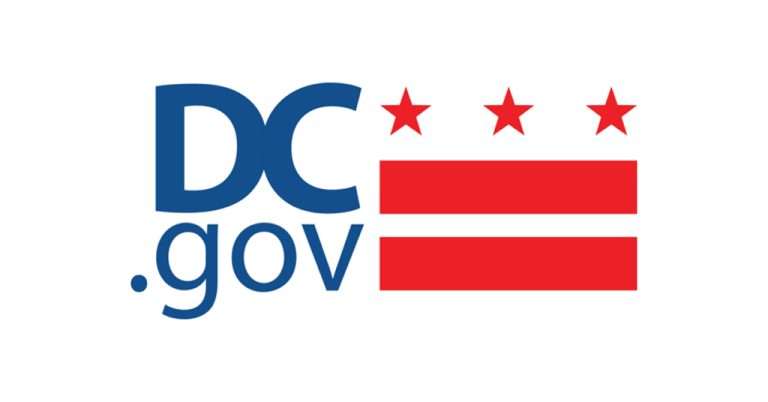 Logo of the DC Government, featuring the text “DC.gov” in blue next to the red DC flag, which has three stars above two horizontal bars, on a white background.