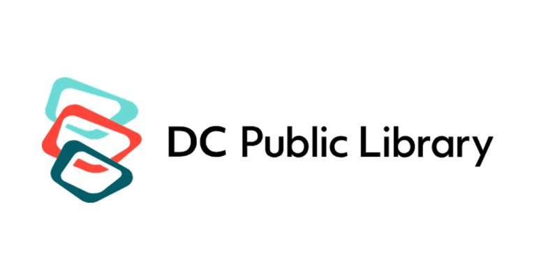 Logo for DC Public Library, featuring three overlapping geometric shapes in teal, red, and dark green to the left of the text “DC Public Library” written in bold, modern black font on a white background.