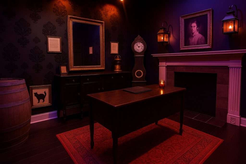 Atmospheric escape room interior with vintage desk, grandfather clock, portrait paintings, lanterns, and dark wallpaper creating mysterious colonial-era setting at Escape Room Live in Old Town