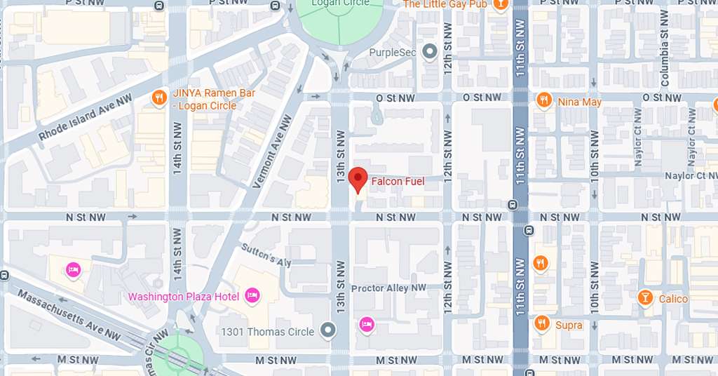 Map showing the location of Falcon Fuel at 13th St NW, near N St NW in Washington, D.C., with nearby landmarks like Logan Circle, Washington Plaza Hotel, and restaurants such as JINYA Ramen Bar, Nina May, and Supra.