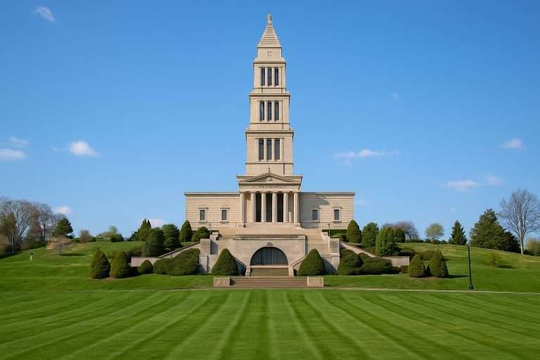 George Washington Masonic National Memorial - tall neoclassical limestone tower with columned entrance rising from manicured green lawn with geometric landscaping under blue sky