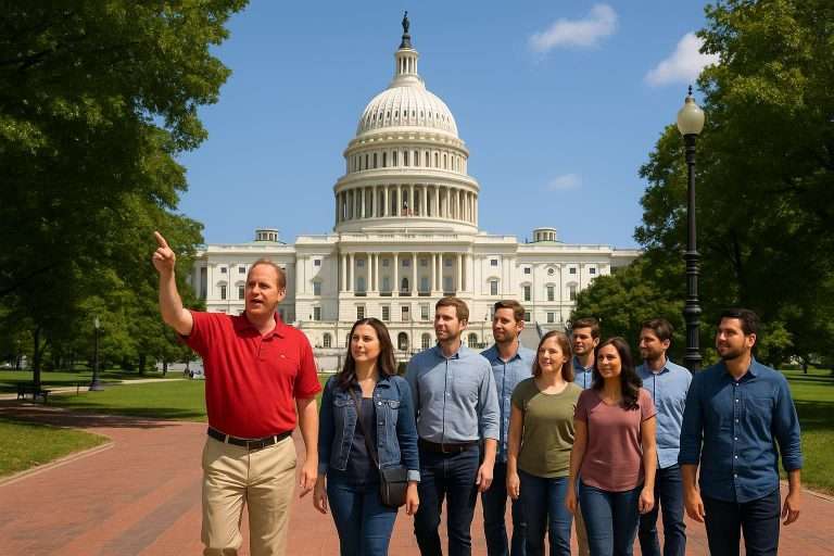 A group of people walking in front of the U.S.