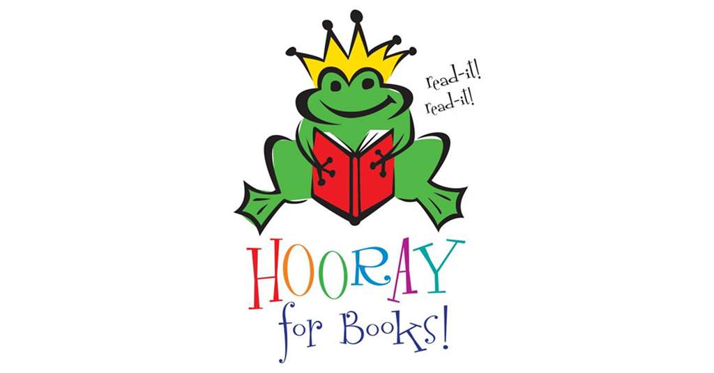 Cartoon green frog wearing yellow crown reading red book with speech bubble saying "read-it! read-it!" above colorful "HOORAY for Books!" text logo