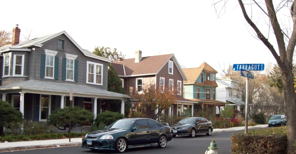 Historic buildings and streetscape in the Hyattsville Historic District.