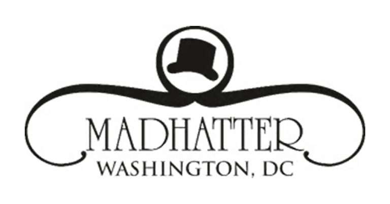 Logo for Madhatter restaurant and bar in Washington DC featuring a black top hat and elegant swirling design around the name