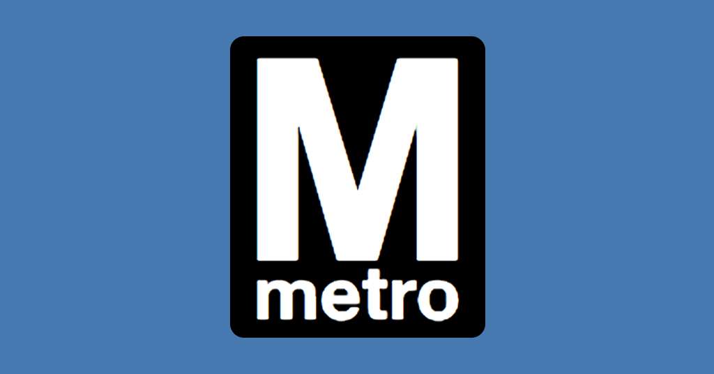 Washington Metro (WMATA) logo with a bold white capital "M" above the word "metro" in lowercase, set on a black rectangular background with a blue border.