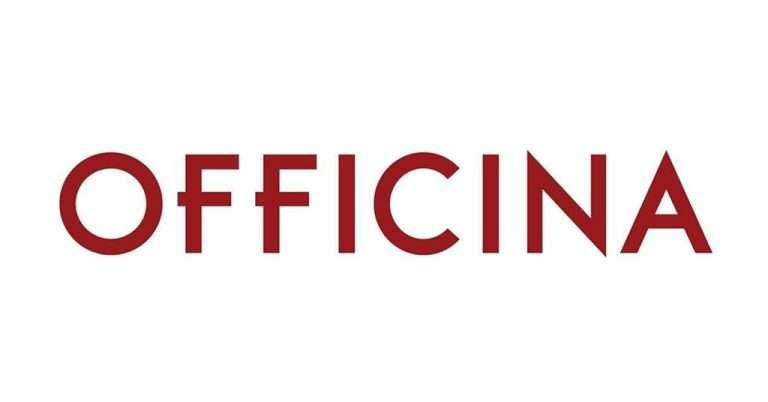 Logo for Officina, featuring the restaurant name in bold, uppercase, red letters with a clean and minimalist sans-serif typeface, set against a white background.