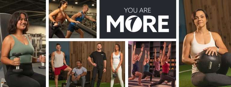 OneLife Fitness Alexandria collage showing diverse workout activities including weight training, cardio equipment, group fitness classes, and yoga with motivational "YOU ARE MORE" text overlay