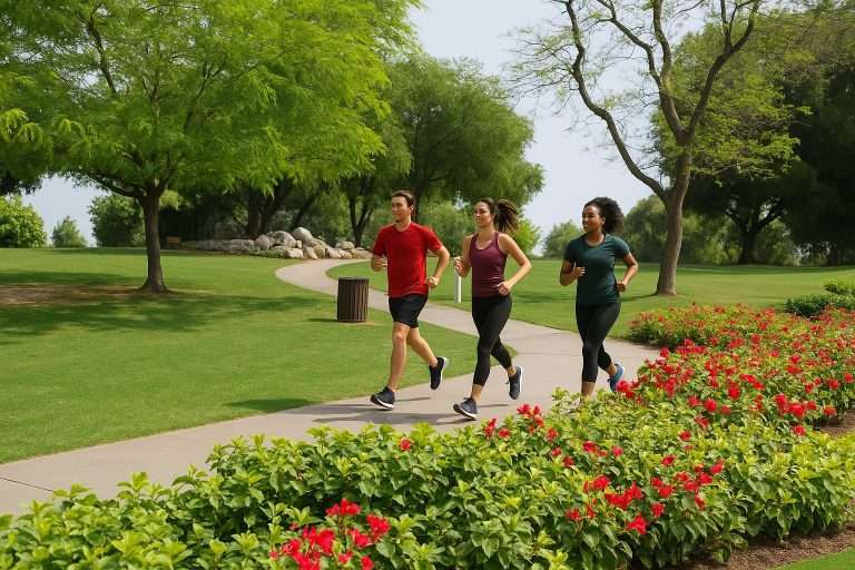 Three people jogging together along a winding path in a park, surrounded by lush trees, manicured lawns, and bright red flowers on a sunny day.
