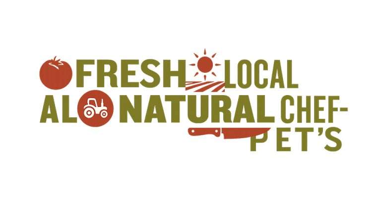 Natural pet food logo featuring green and orange text with tomato, sun, tractor, and knife icons emphasizing fresh, local, and natural ingredients for Chef's Pet food brand