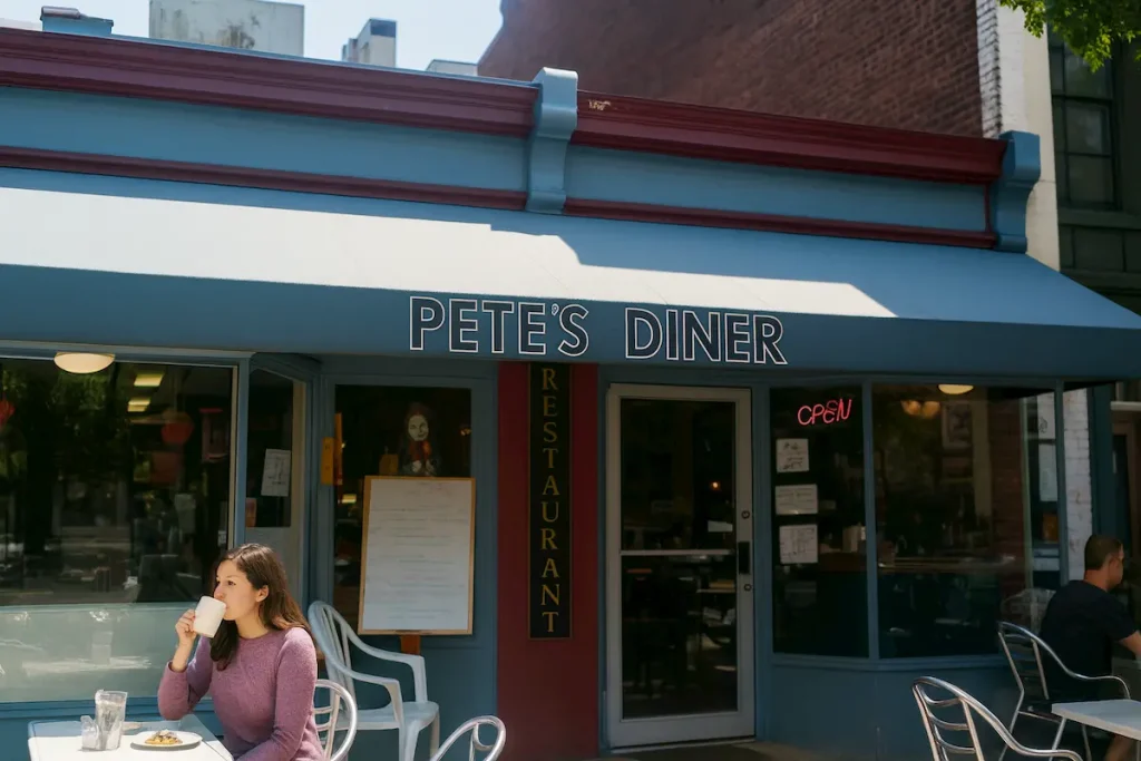 The exterior of Pete’s Diner with a blue and maroon awning, outdoor seating, and patrons enjoying food and drinks in the sunlight.