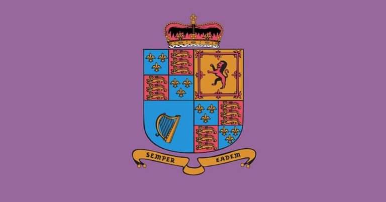 The official flag of Prince George’s County, Maryland, featuring a purple background with a crowned coat of arms at the center. The shield is quartered with elements including fleur-de-lis, lions, and a harp, symbolizing historical ties to England, France, and Ireland. A banner at the bottom reads "Semper Eadem," meaning "Always the Same."