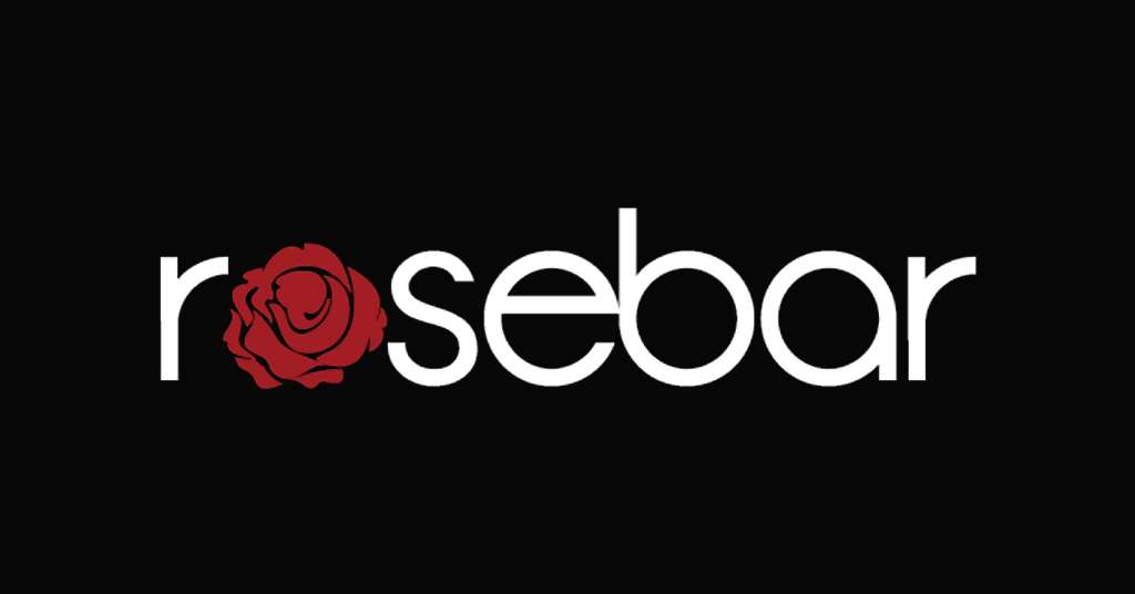 Rosebar logo featuring white text with stylized red rose icon replacing the letter O on black background