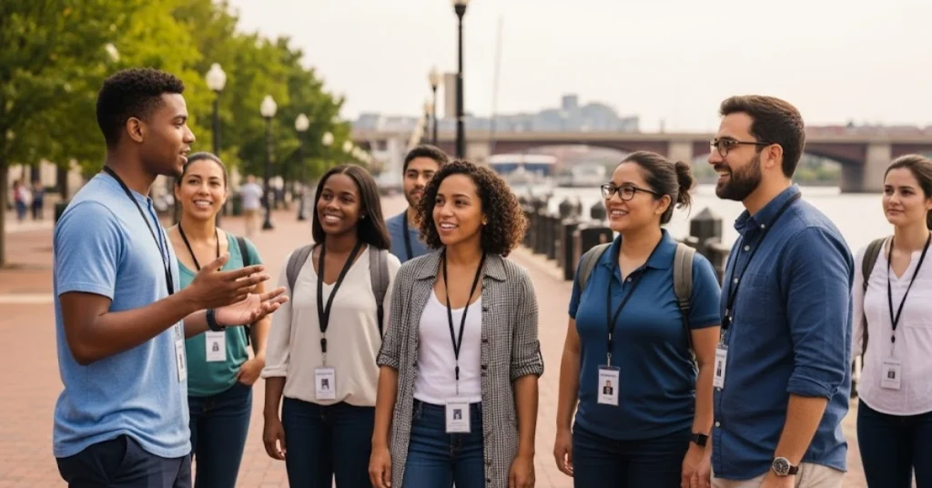 A promotional image for SW Waterfront Walking Tours featuring a group of people exploring the scenic waterfront area.