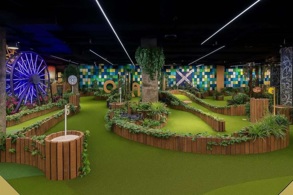 Swingers golf bar indoor mini golf course with curved green putting surfaces, wooden barriers, lush artificial plants, colorful tile wall art, and illuminated ferris wheel decoration