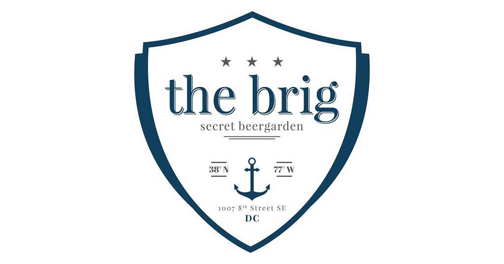 The logo for The Brig, a secret beer garden in Washington, DC, displayed on a shield design with navy blue text, an anchor graphic, three stars, and the location coordinates "38°N, 77°W".