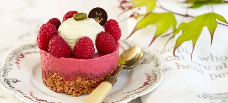 Un Je Ne Sais Quoi French café elegant raspberry mousse cake with fresh berries, whipped cream, chocolate garnish, and pistachio on vintage floral china plate