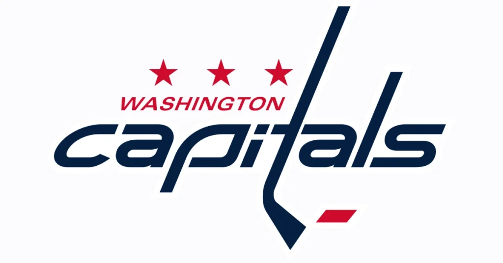Washington Capitals hockey team logo with stylized text, three red stars, and a hockey stick integrated into the design.