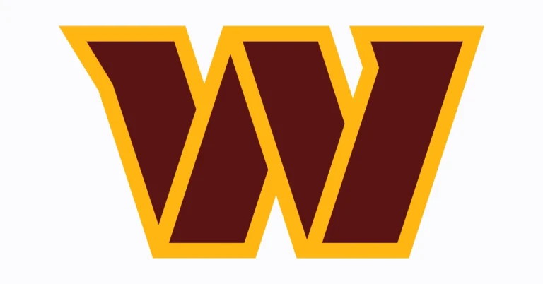 Washington Commanders logo featuring bold burgundy “W” outlined in gold, representing the NFL team based in Washington, D.C.