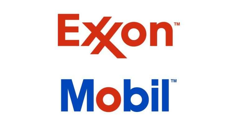 ExxonMobil logo featuring red "Exxon" and blue "Mobil" text, referencing the historic Watergate Mobil gas station branding.