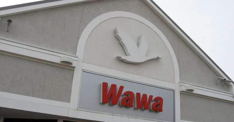 Exterior of a Wawa convenience store featuring the red Wawa logo and a white goose emblem mounted above the entrance.