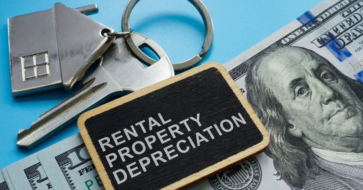 Close-up of house keys, $100 bill, and a sign reading "Rental Property Depreciation" on a blue background