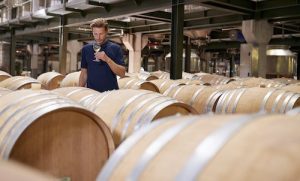 Young man wine tasting in a wine factory warehouse