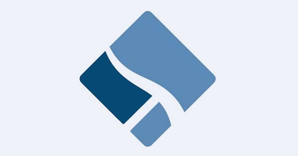 Blue and navy abstract geometric shape resembling a diamond with a curved line through the center.