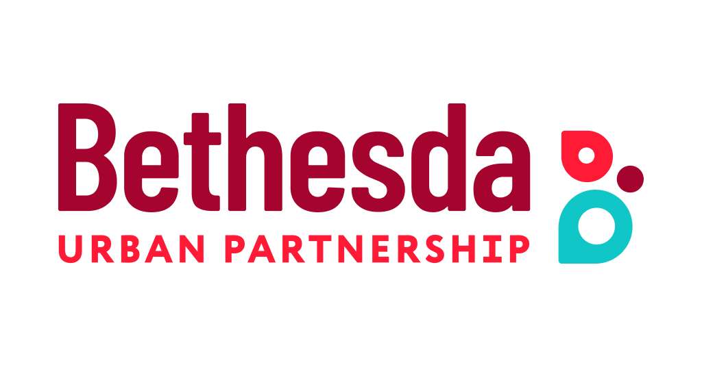 Bethesda Urban Partnership" text with colorful abstract shapes in red and teal.