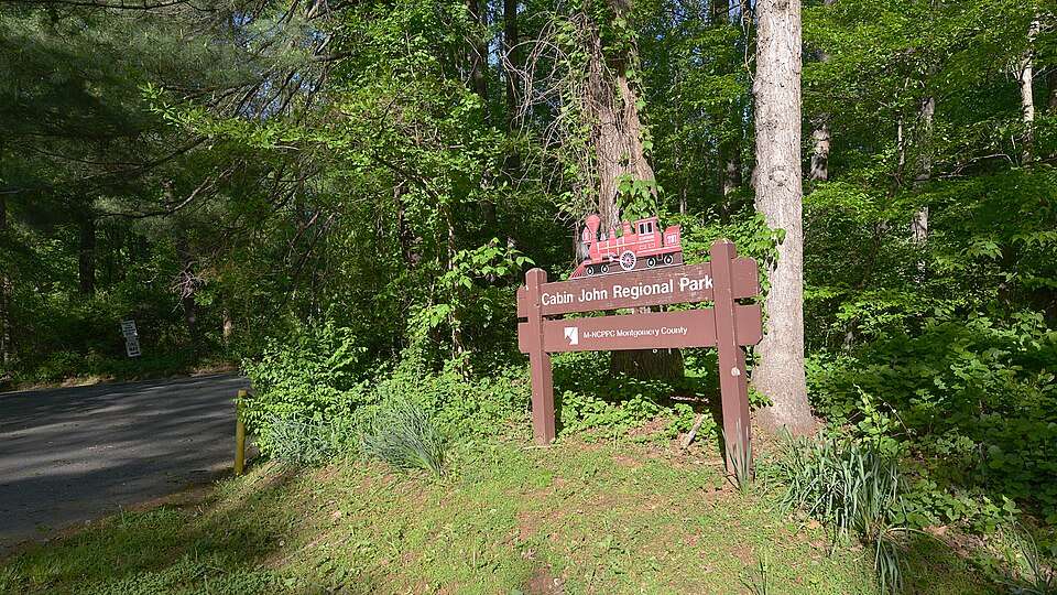Cabin John Regional Park sign surrounded by dense green foliage and trees, adjacent to a road.